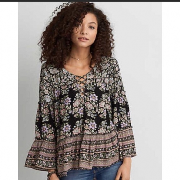 American Eagle Outfitters Boho Bell sleeve Bag dress with Lace up V neck Chest - Picture 10 of 16